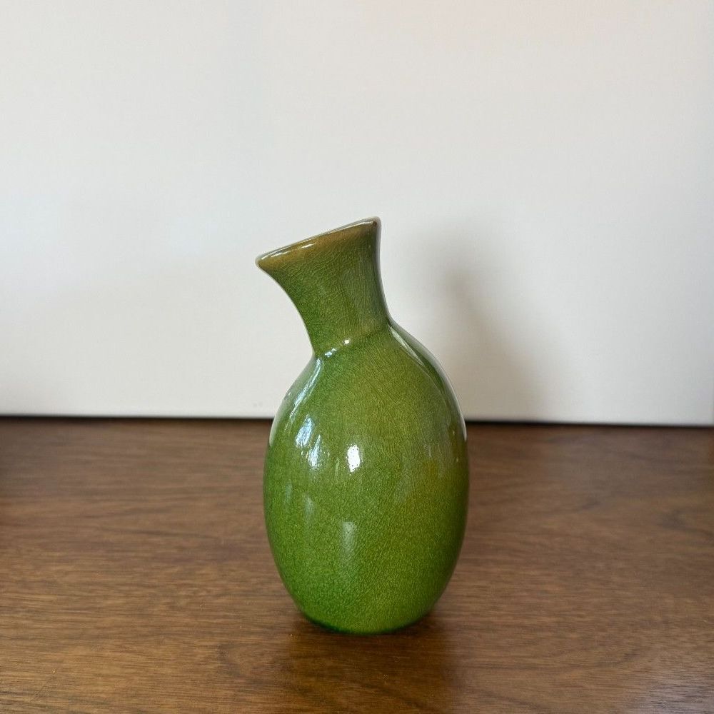 Vintage Green Crackle Glaze Ceramic Vase, Asymmetrical, Organic, Sculptural